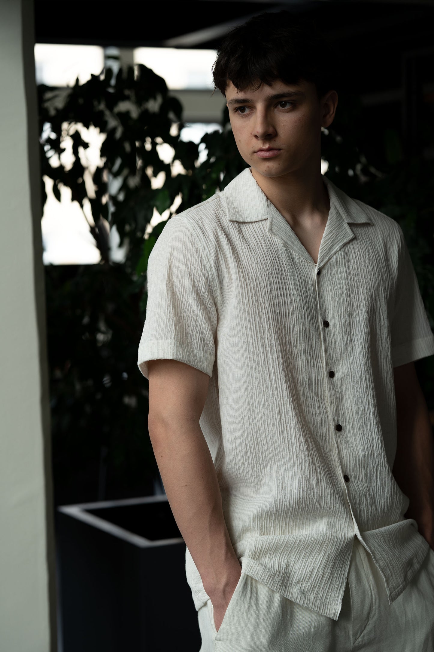 Camp Collar Half Sleeve Crushed Cotton Shirt in Off White