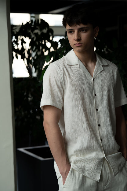 Camp Collar Half Sleeve Crushed Cotton Shirt in Off White