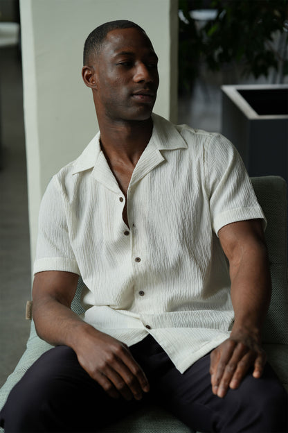 Camp Collar Half Sleeve Crushed Cotton Shirt in Off White
