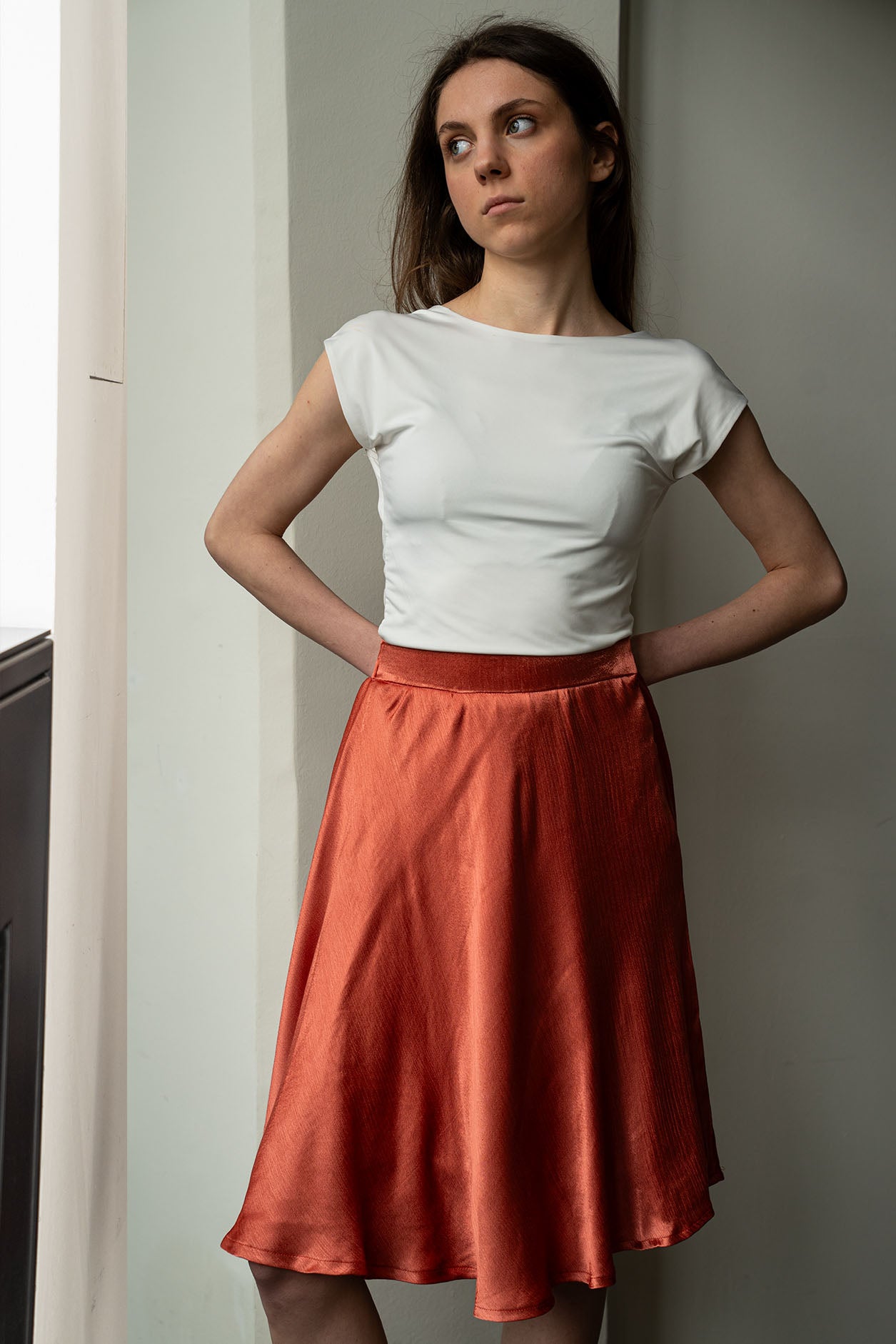 Orange Peel Silk Knee Length Skirt