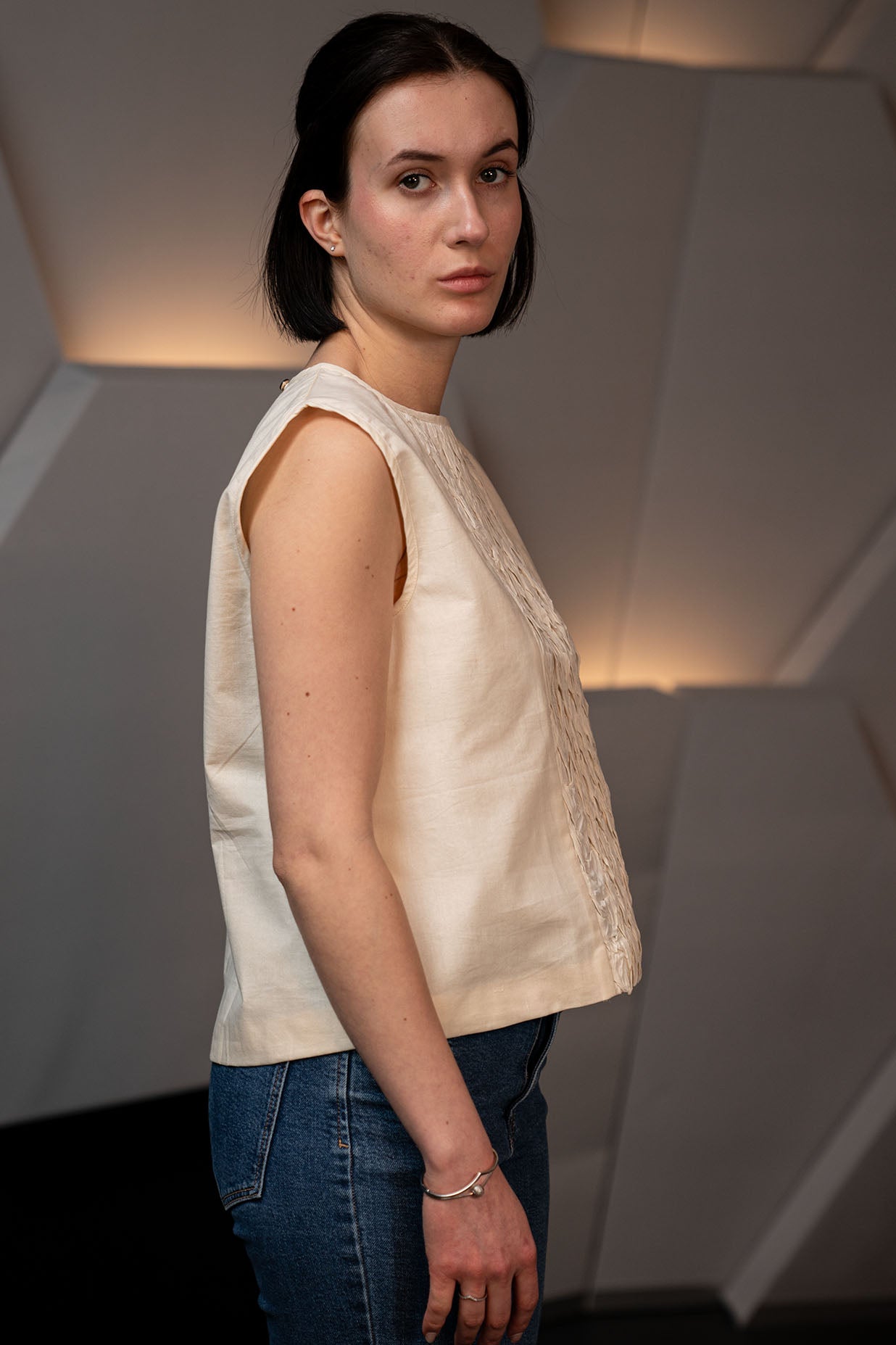 Hand-Stitched Cotton Panel Statement Sleeveless Top in off white