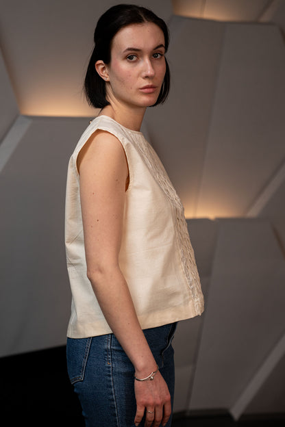 Hand-Stitched Cotton Panel Statement Sleeveless Top in off white