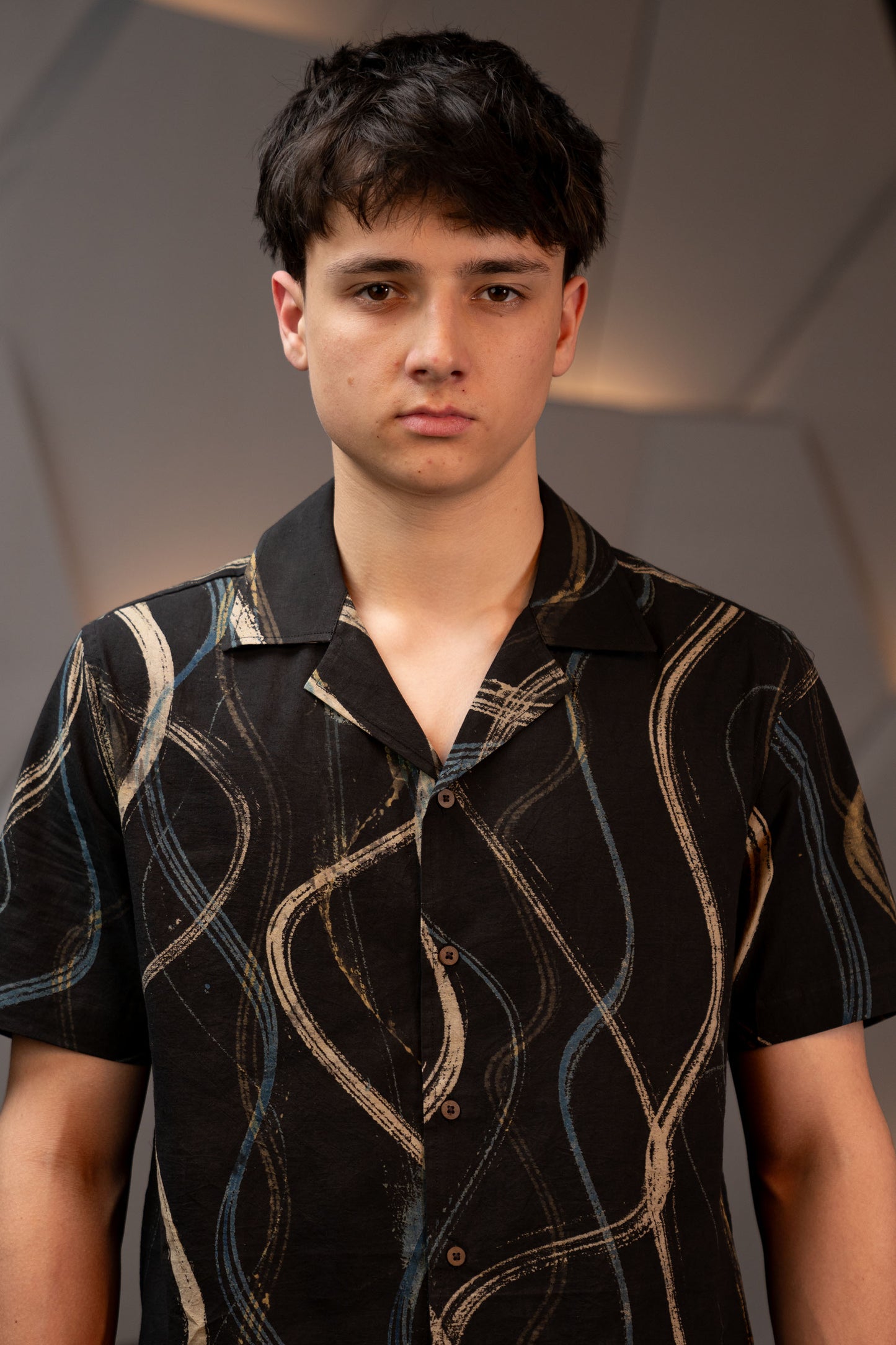 Camp Collar Half Sleeve Organic Cotton Shirt with Abstract Brush Print in Black