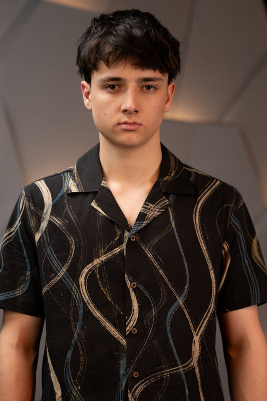 Camp Collar Half Sleeve Organic Cotton Shirt with Abstract Brush Print in Black