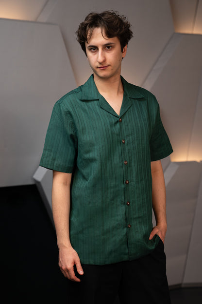 Handwoven Hemp Camp Collar Shirt in Forest Green