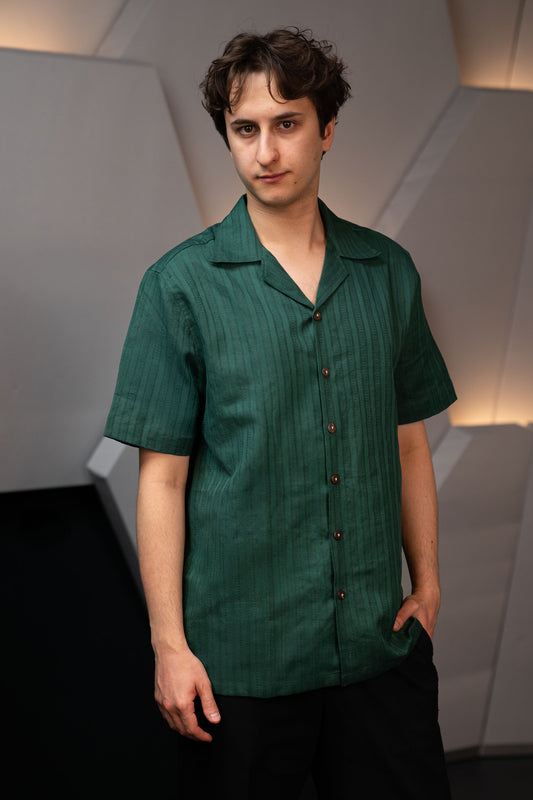 Handwoven Hemp Camp Collar Shirt in Forest Green