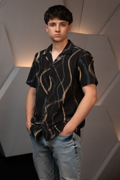 Camp Collar Half Sleeve Organic Cotton Shirt with Abstract Brush Print in Black