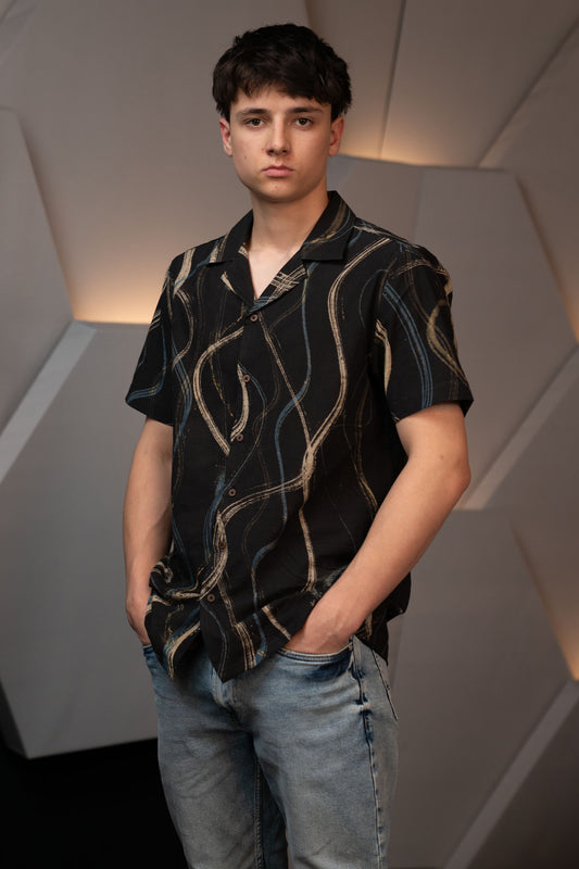 Camp Collar Half Sleeve Organic Cotton Shirt with Abstract Brush Print in Black