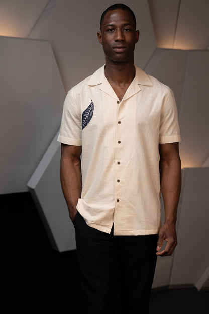 Camp Collar Half Sleeve Organic Cotton Shirt with Indigo Leaf Appliqué