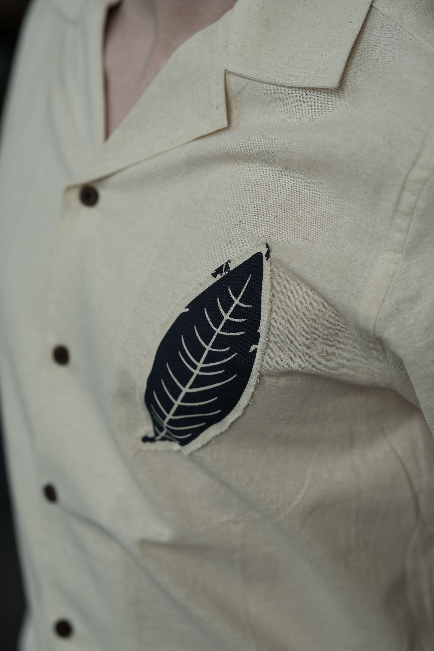 Camp Collar Half Sleeve Organic Cotton Shirt with Indigo Leaf Appliqué