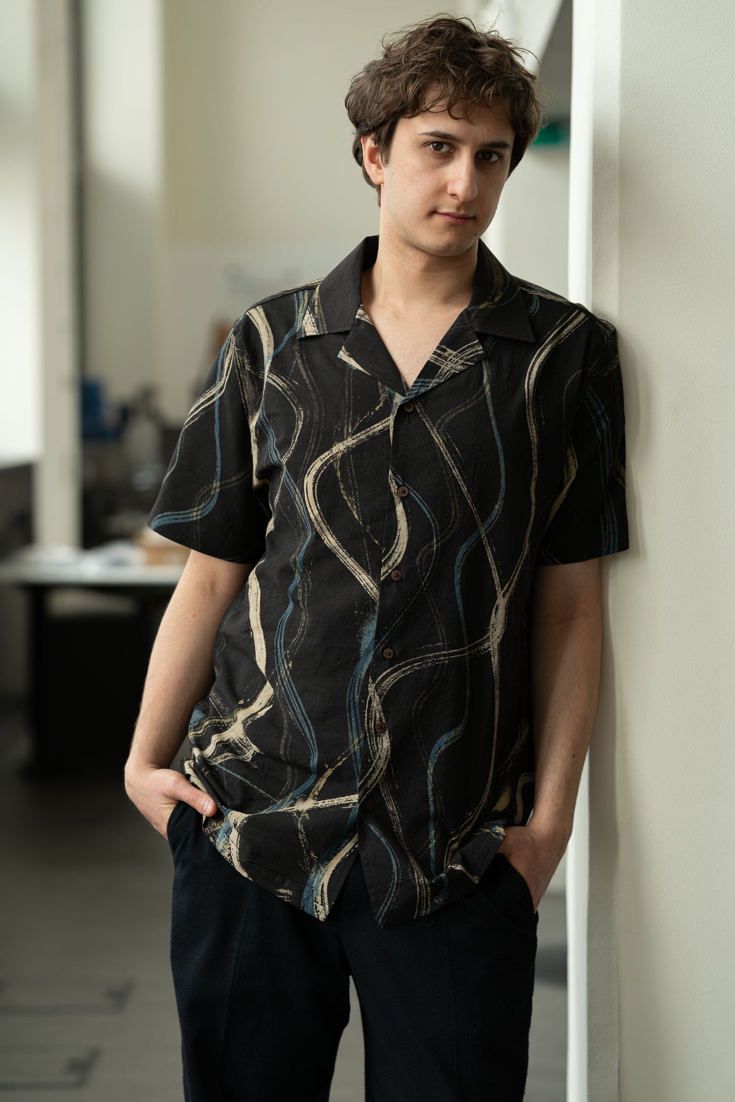 Camp Collar Half Sleeve Organic Cotton Shirt with Abstract Brush Print in Black