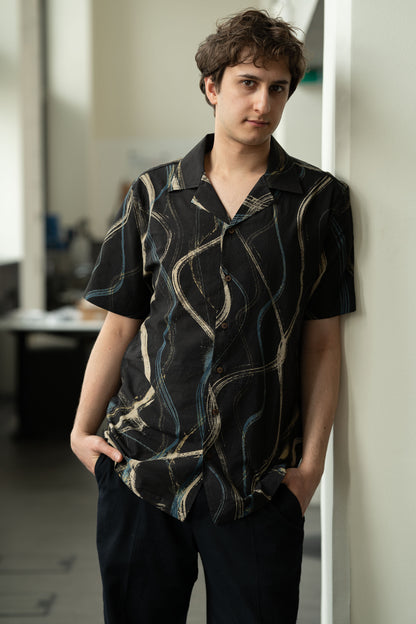 Camp Collar Half Sleeve Organic Cotton Shirt with Abstract Brush Print in Black