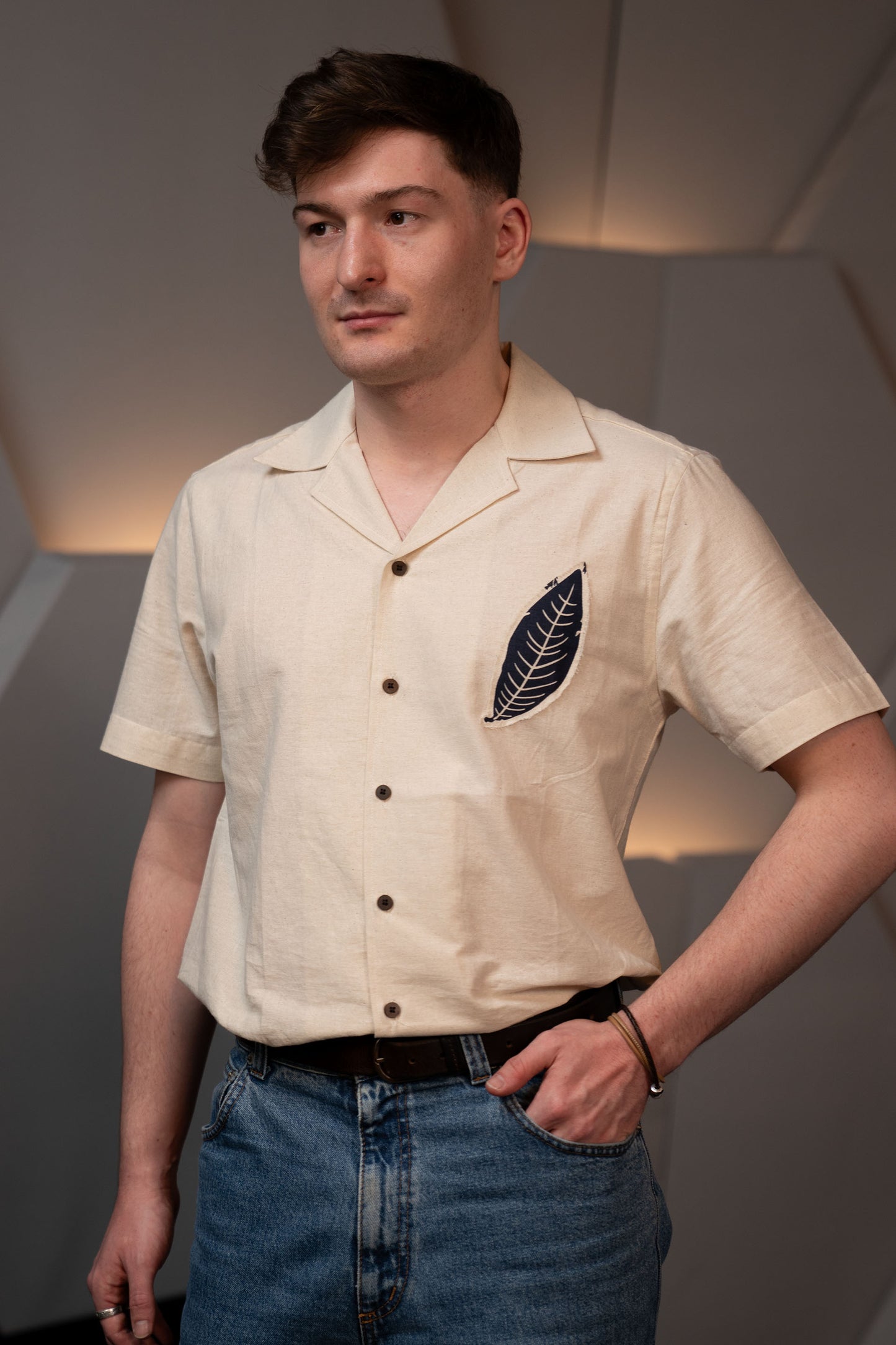 Camp Collar Half Sleeve Organic Cotton Shirt with Indigo Leaf Appliqué