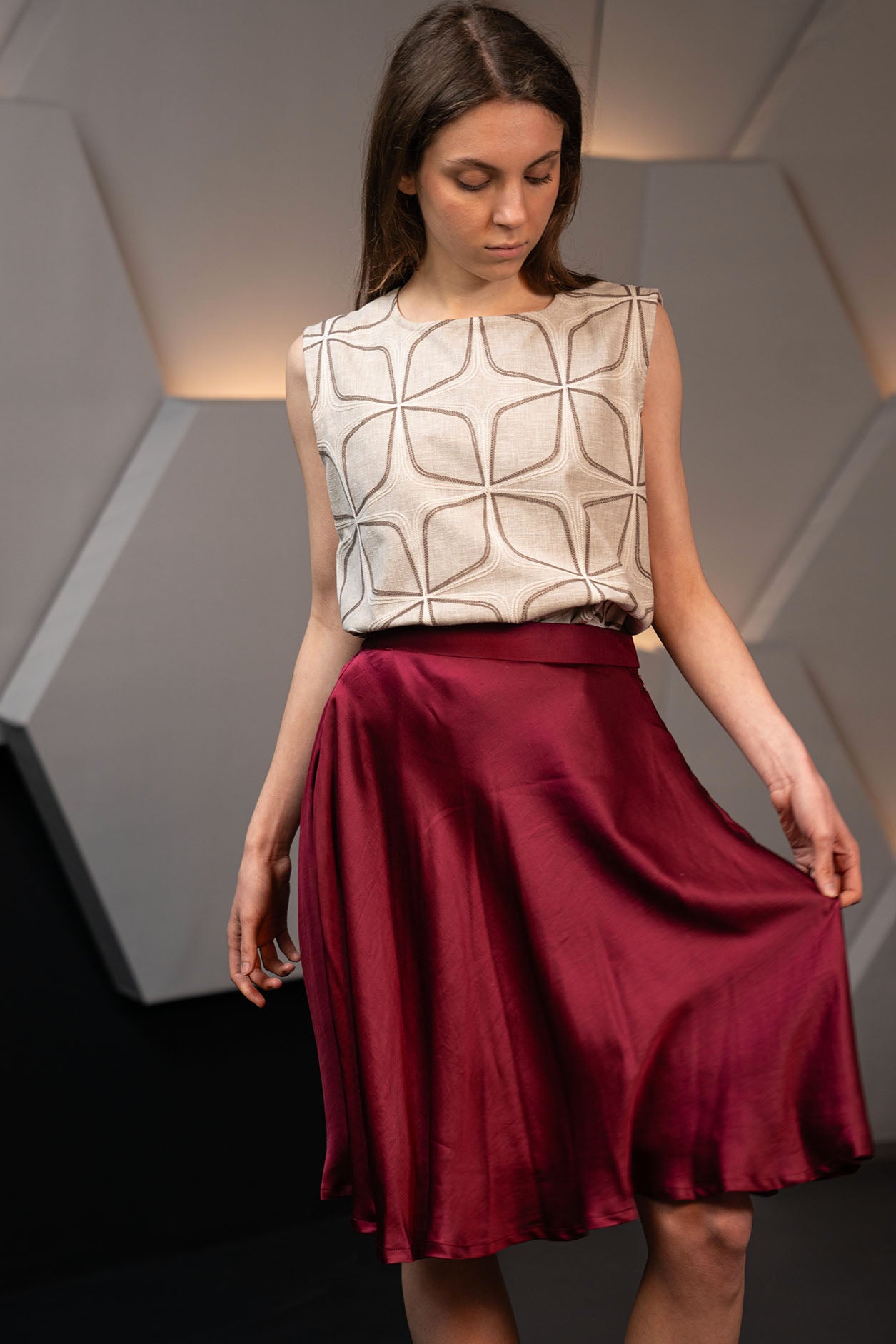 Wine Red Bamboo Silk Knee Length Skirt