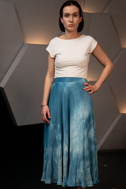 Indigo Cloud Dyed Vegan Banana Silk Midi Skirt