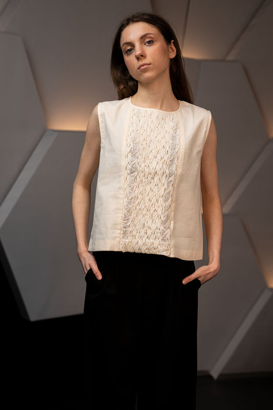 Hand-Stitched Cotton Panel Statement Sleeveless Top in off white