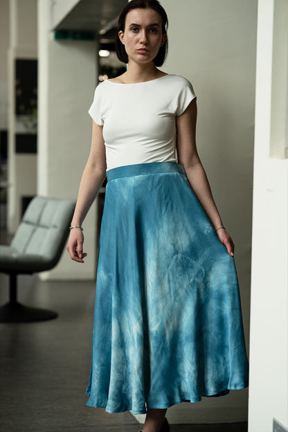 Indigo Cloud Dyed Vegan Banana Silk Midi Skirt