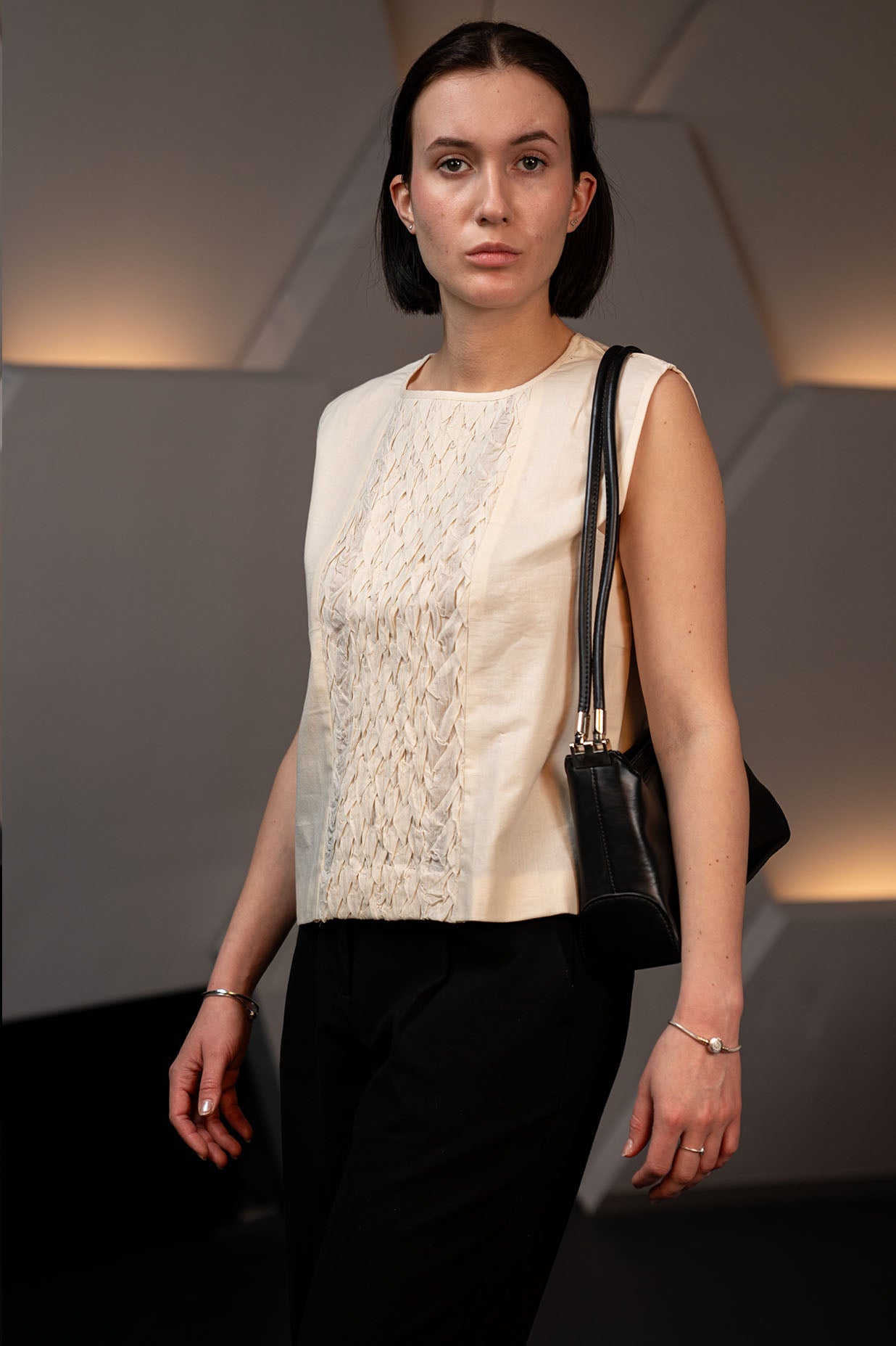Hand-Stitched Cotton Panel Statement Sleeveless Top in off white