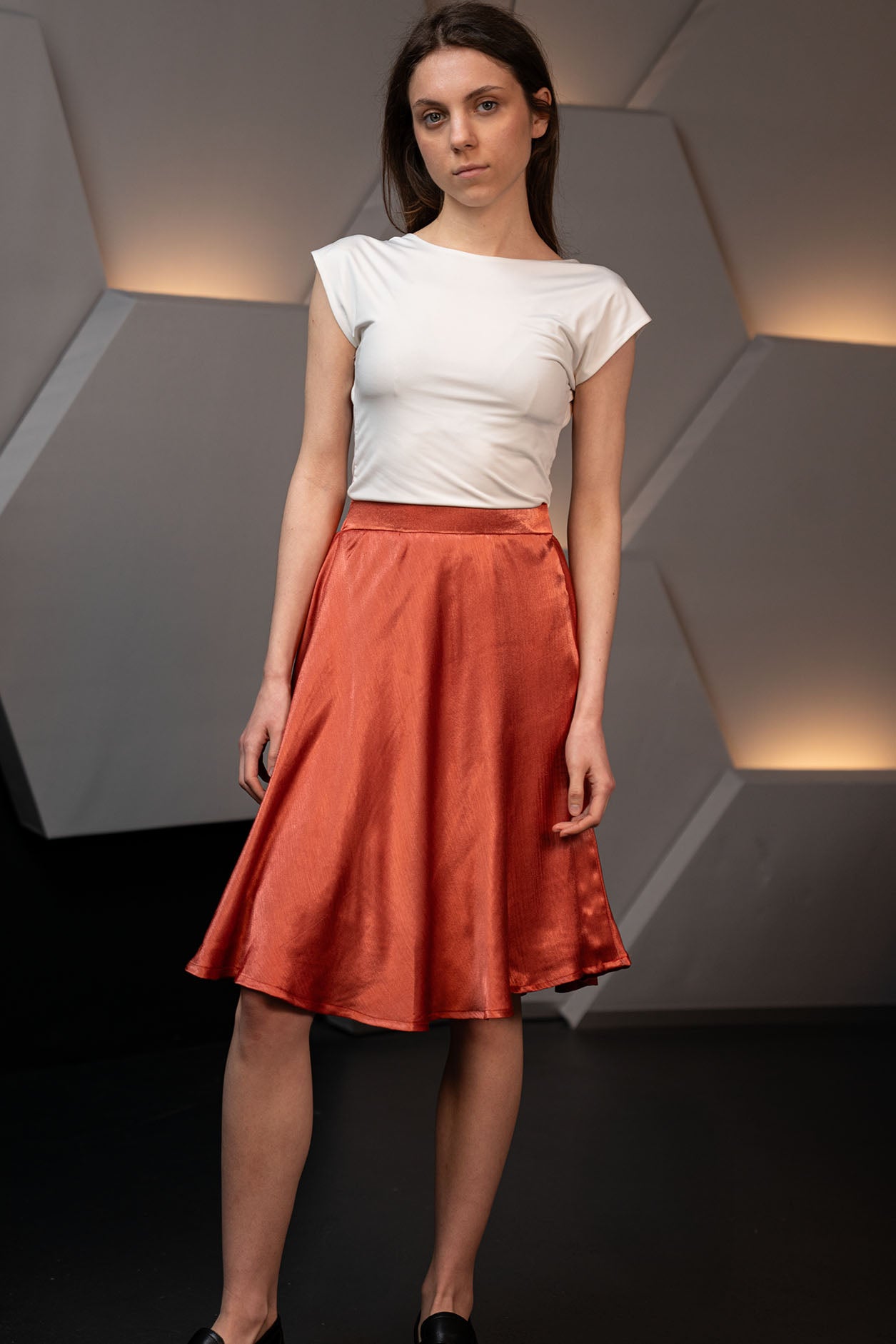 Orange Peel Silk Knee Length Skirt