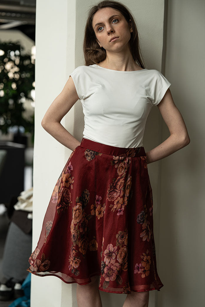 Deep Red Organza Silk Knee Length A Line Skirt