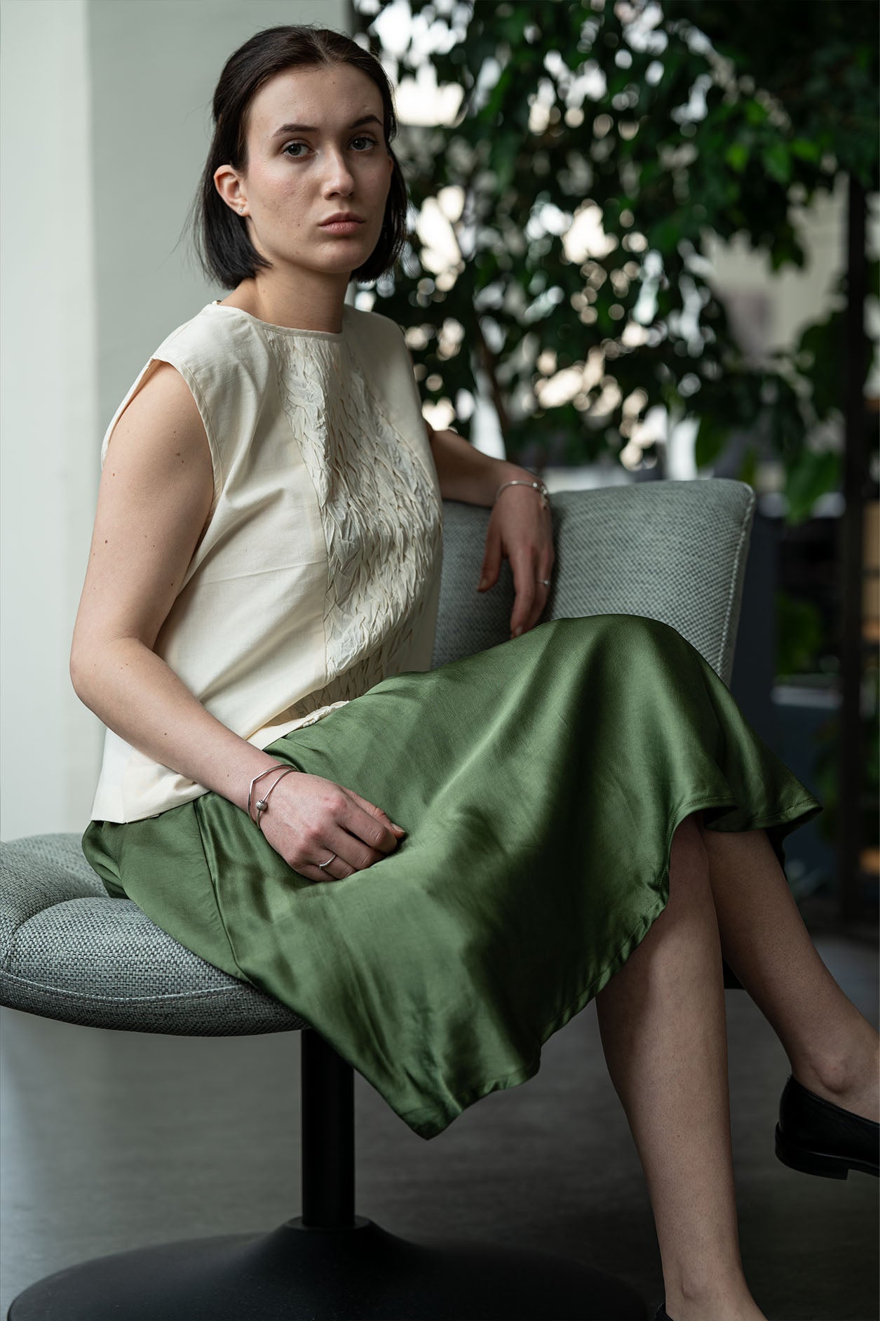 Moss Green Vegan Bamboo Silk Knee Length A Line Skirt