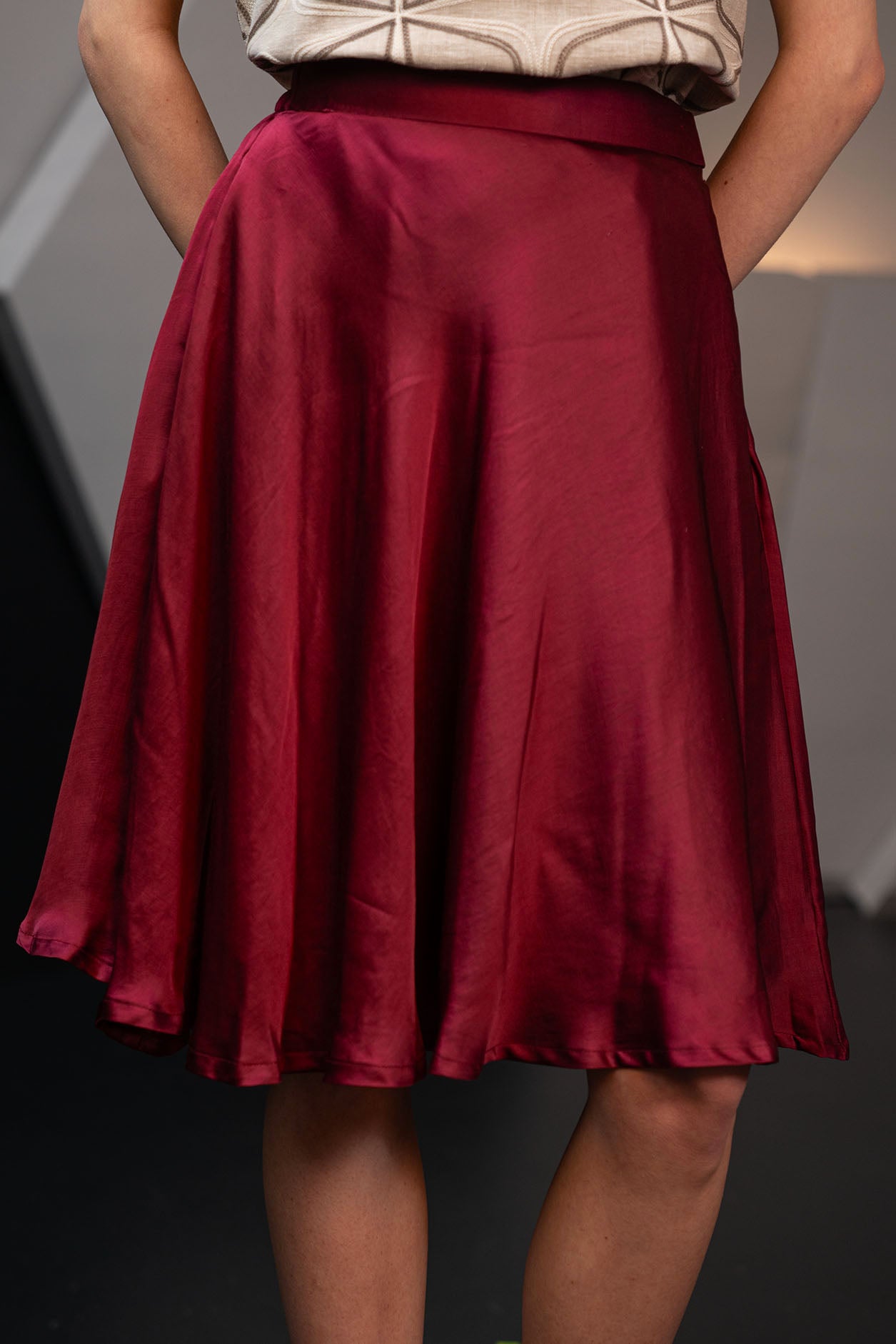 Wine Red Bamboo Silk Knee Length Skirt
