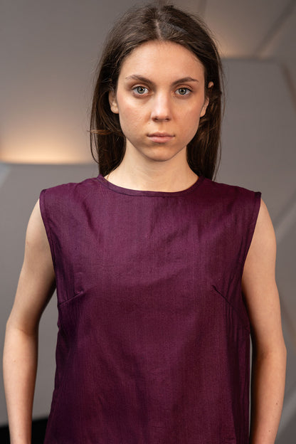 Wine Red Handwoven Cotton Silk Structured Sleeveless Top