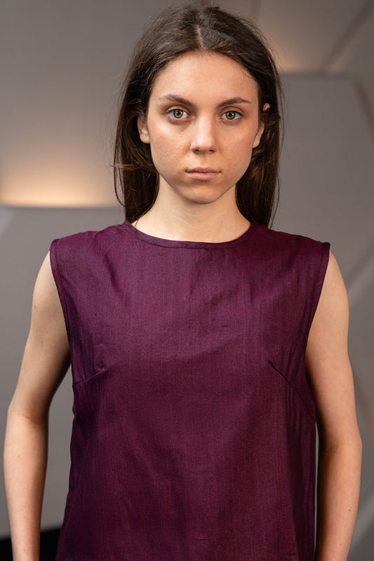 Wine Red Handwoven Cotton Silk Structured Sleeveless Top