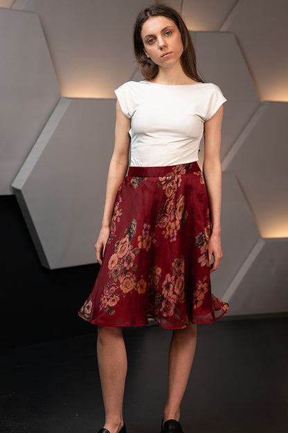 Deep Red Organza Silk Knee Length A Line Skirt