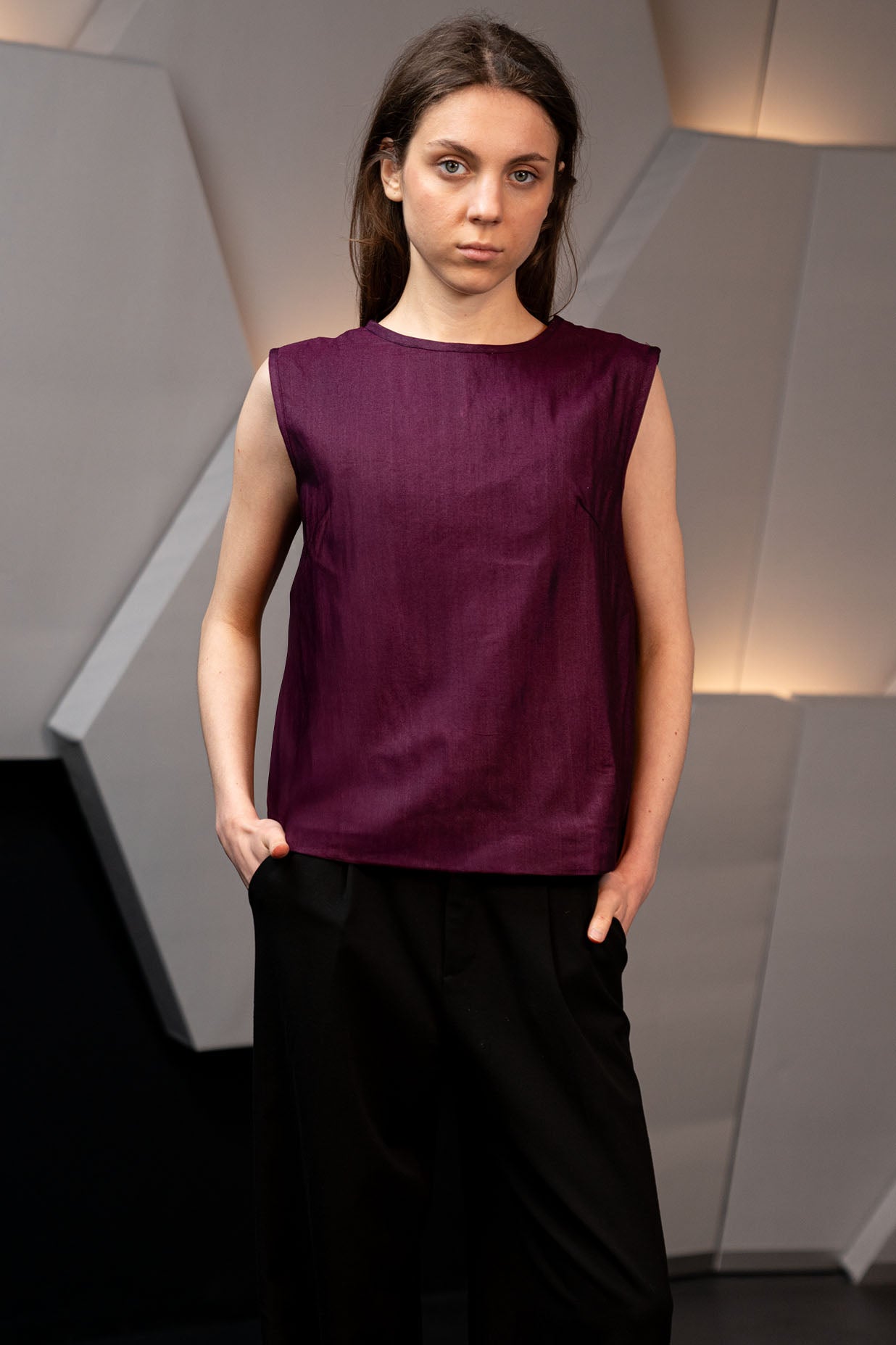 Wine Red Handwoven Cotton Silk Structured Sleeveless Top