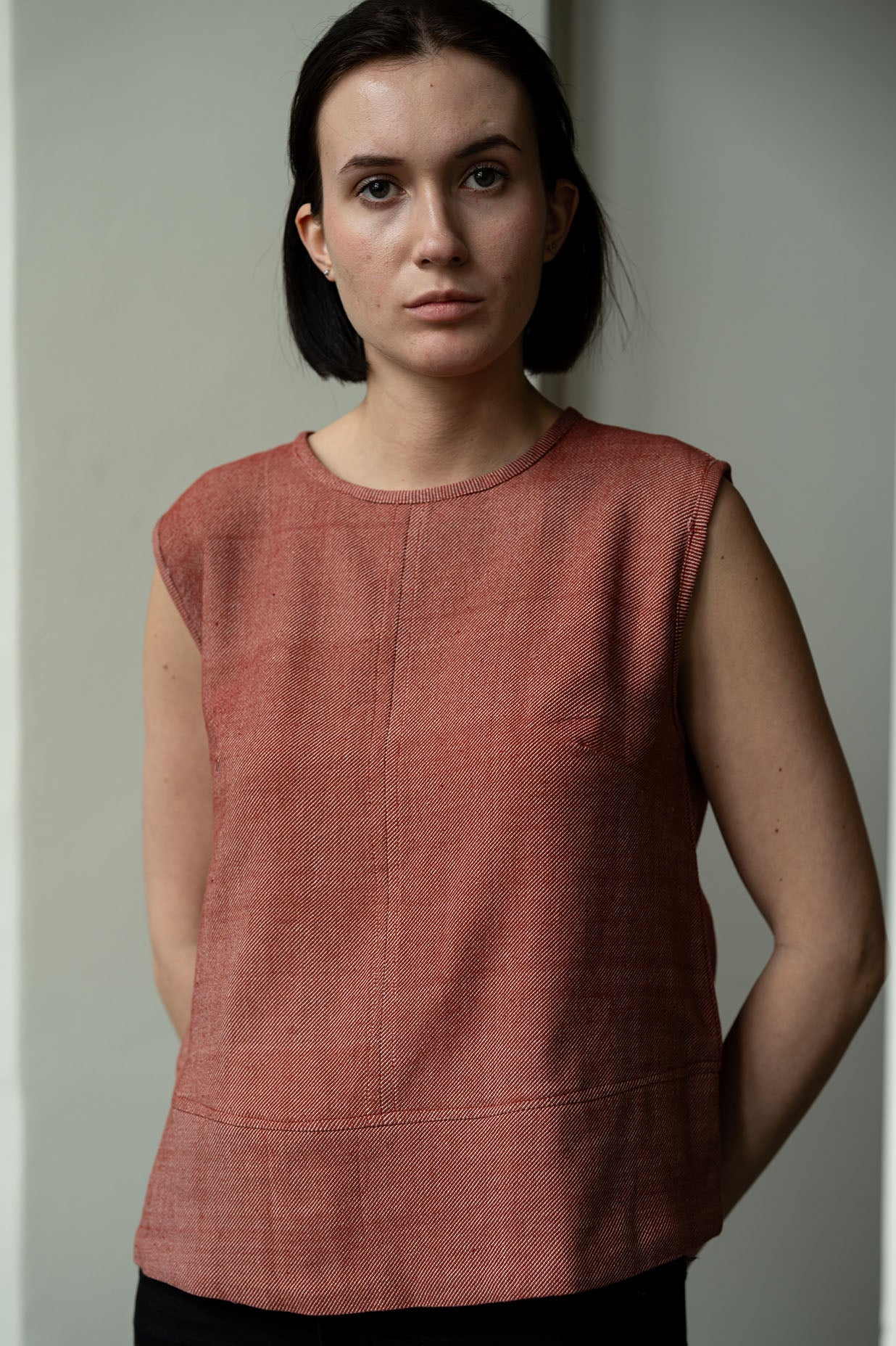 Handwoven Terracotta Denim Structured Sleeveless Top