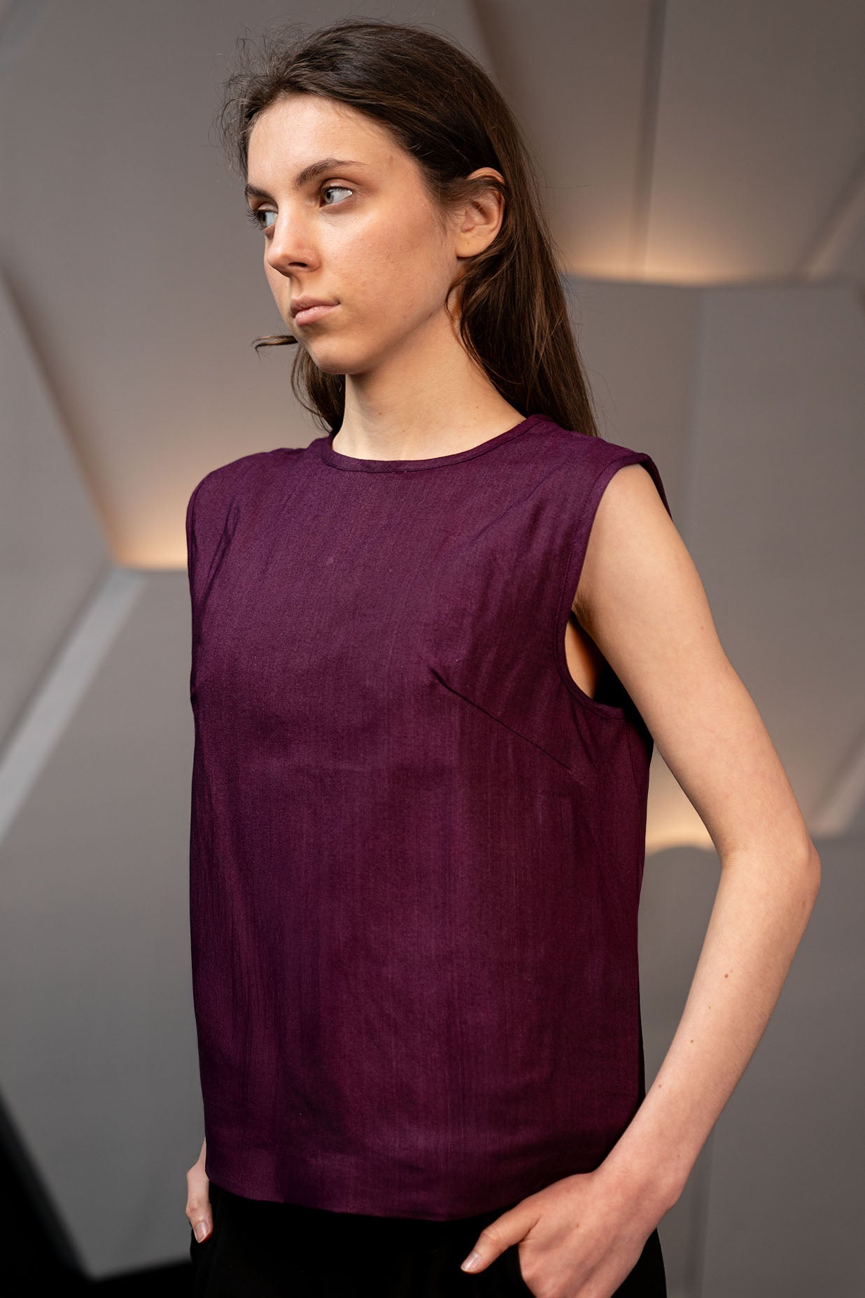 Wine Red Handwoven Cotton Silk Structured Sleeveless Top