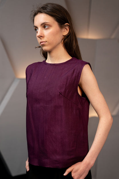 Wine Red Handwoven Cotton Silk Structured Sleeveless Top