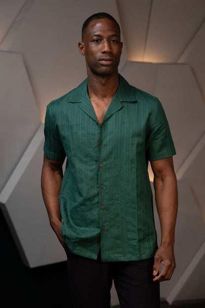 Handwoven Hemp Camp Collar Shirt in Forest Green