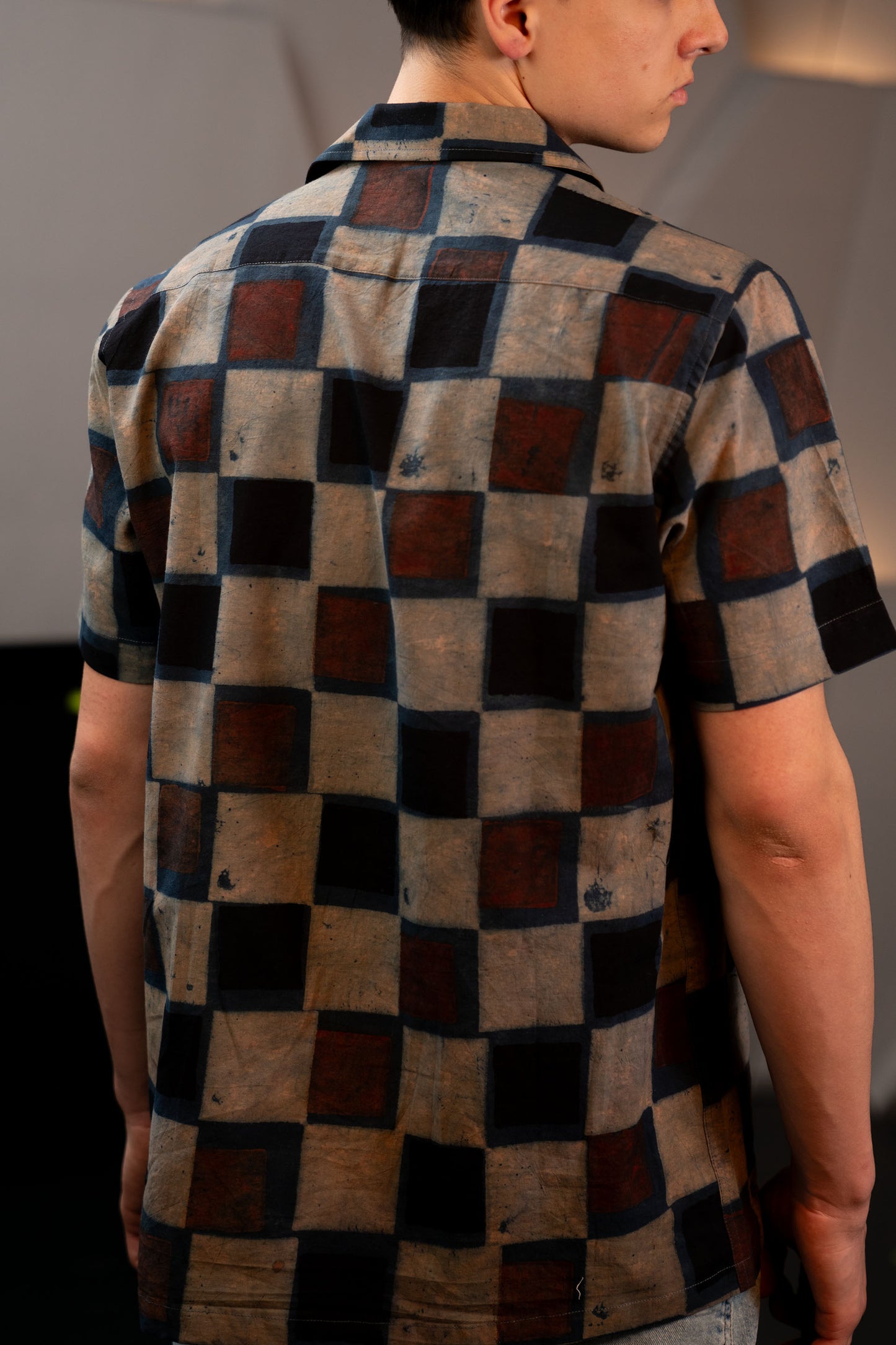 Camp Collar Half Sleeve Organic Cotton Shirt with Natural Dye Handblock Squares