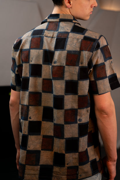 Camp Collar Half Sleeve Organic Cotton Shirt with Natural Dye Handblock Squares