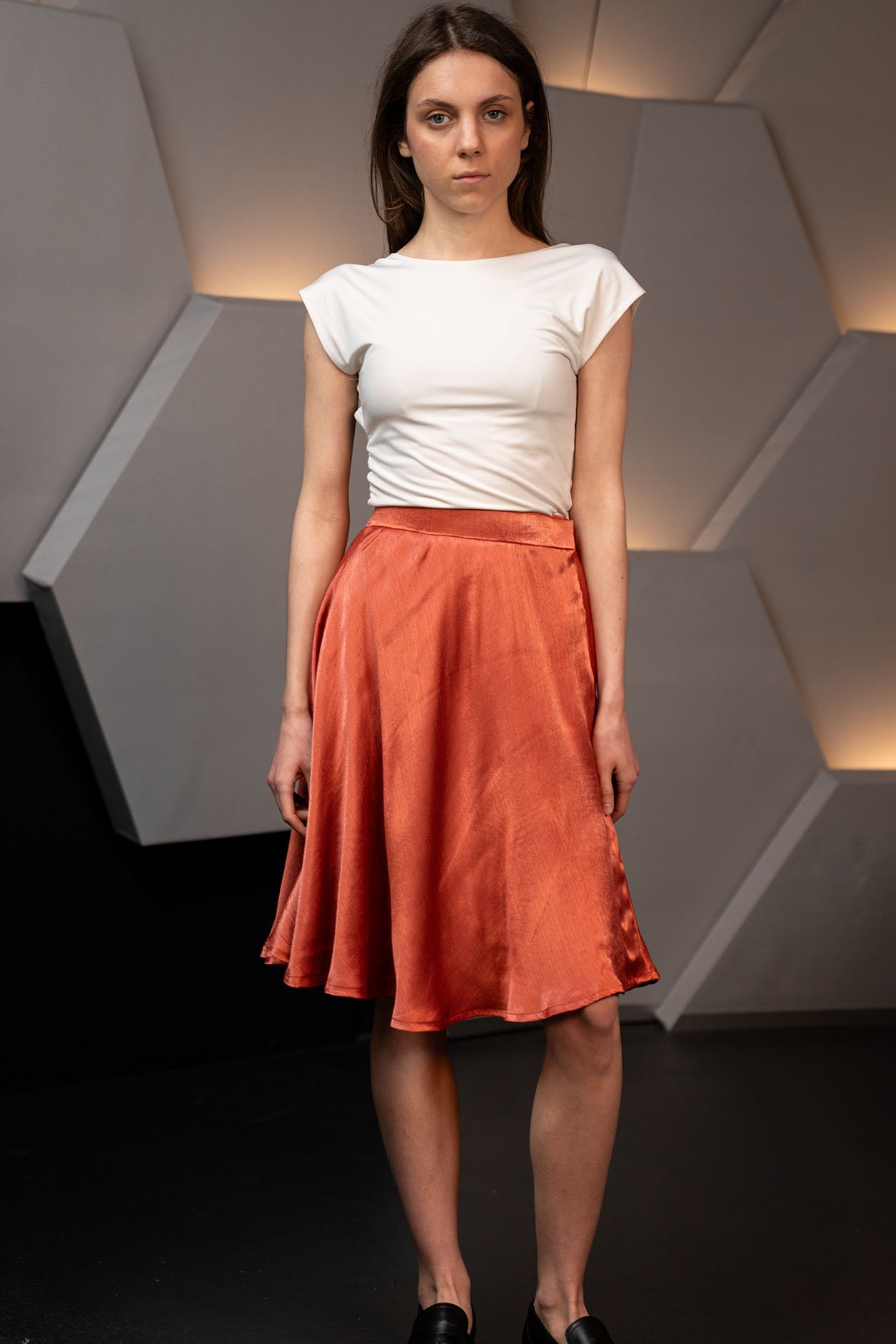 Orange Peel Silk Knee Length Skirt