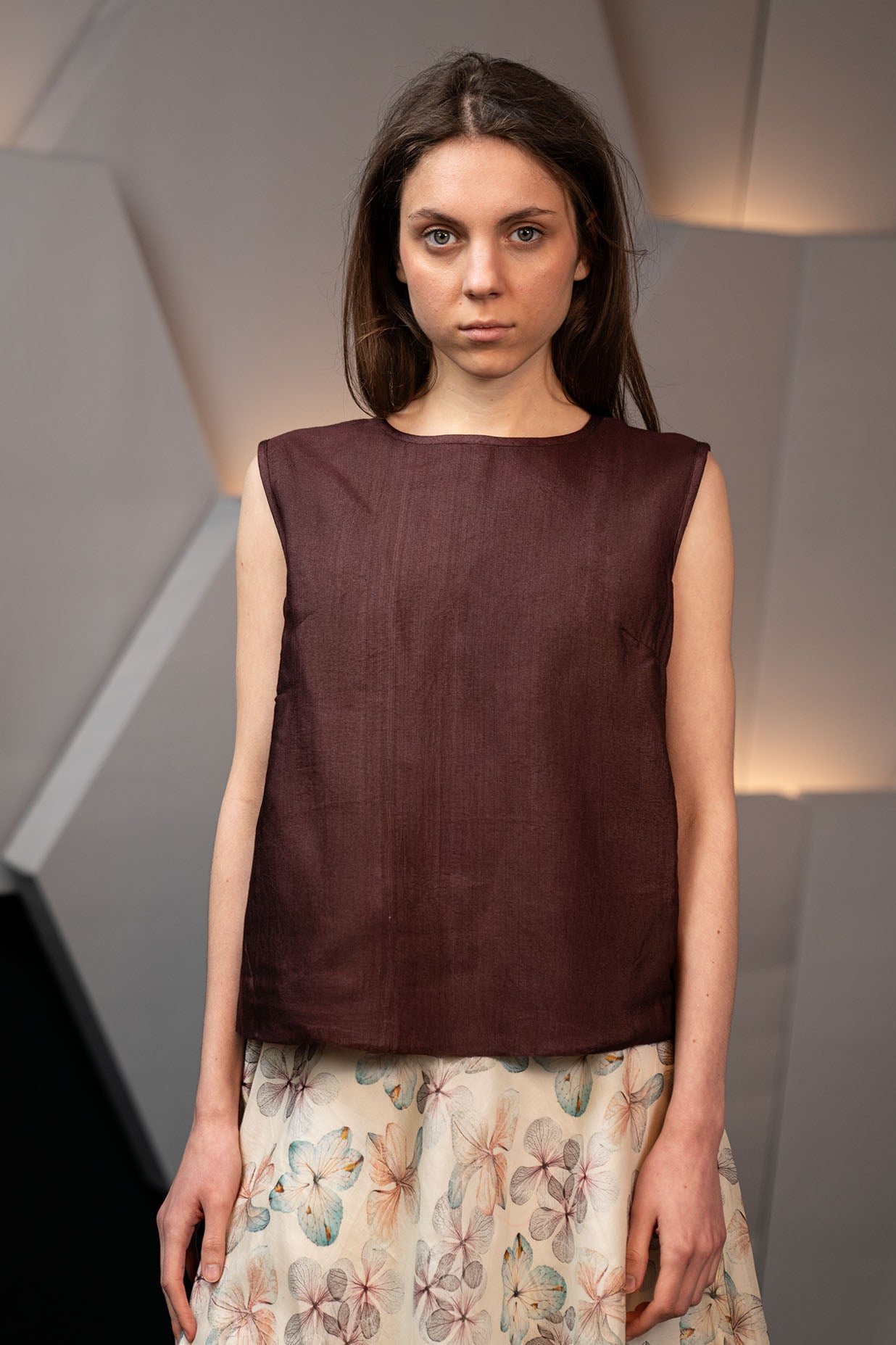 Chocolate Brown Handwoven Cotton Silk Structured Sleeveless Top