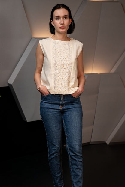 Hand-Stitched Cotton Panel Statement Sleeveless Top in off white