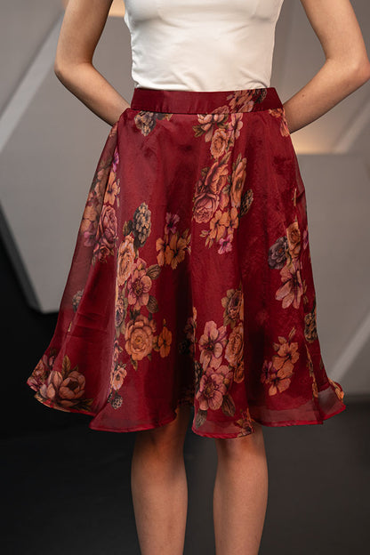 Deep Red Organza Silk Knee Length A Line Skirt