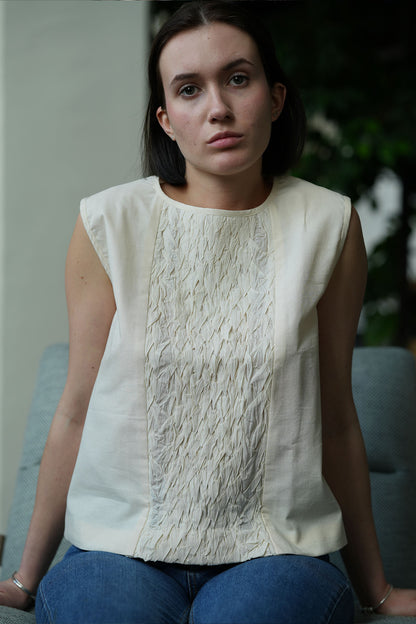 Hand-Stitched Cotton Panel Statement Sleeveless Top in off white