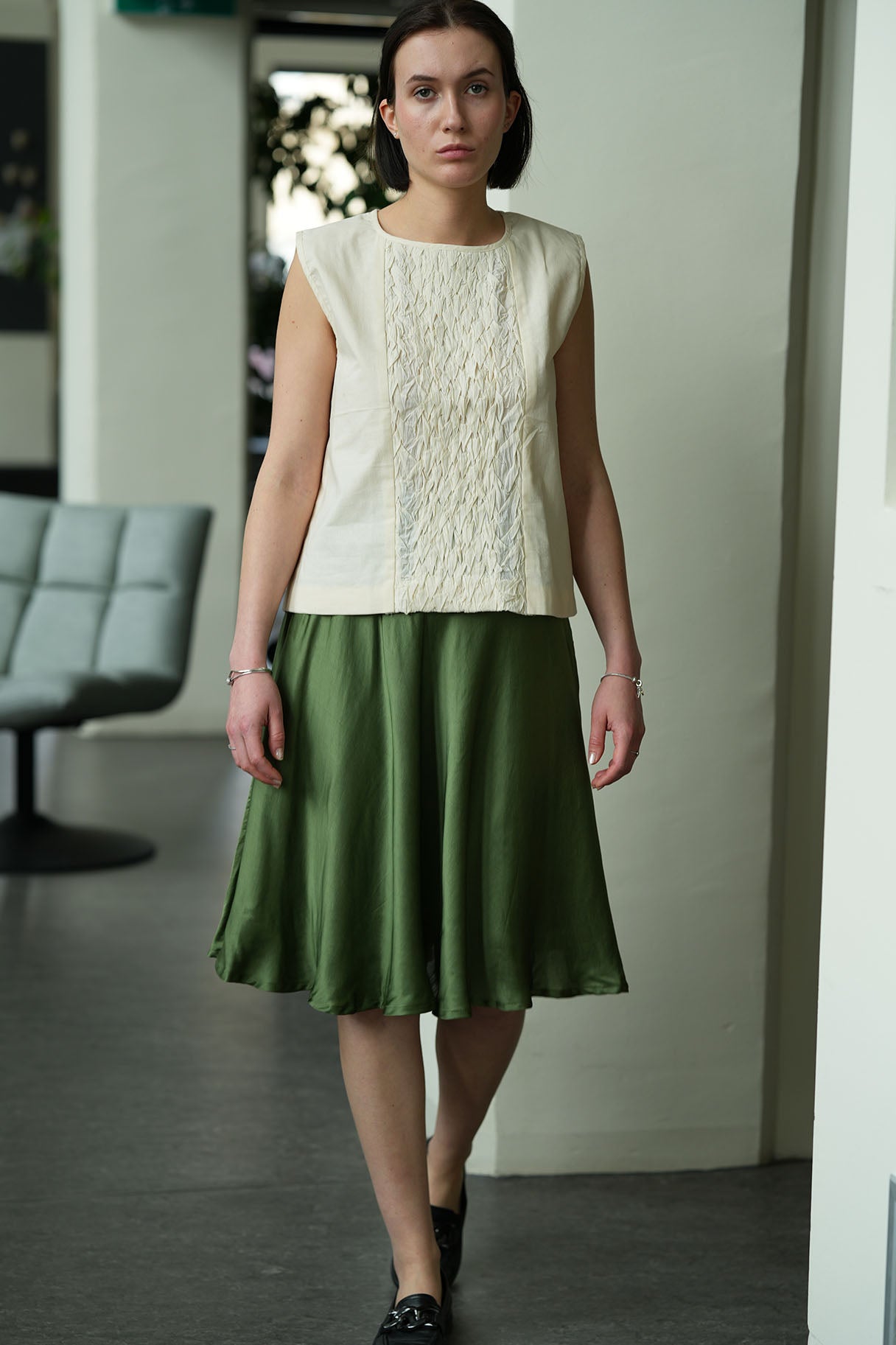Hand-Stitched Cotton Panel Statement Sleeveless Top in off white
