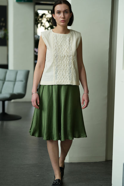 Hand-Stitched Cotton Panel Statement Sleeveless Top in off white