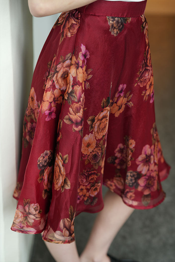 Deep Red Organza Silk Knee Length A Line Skirt