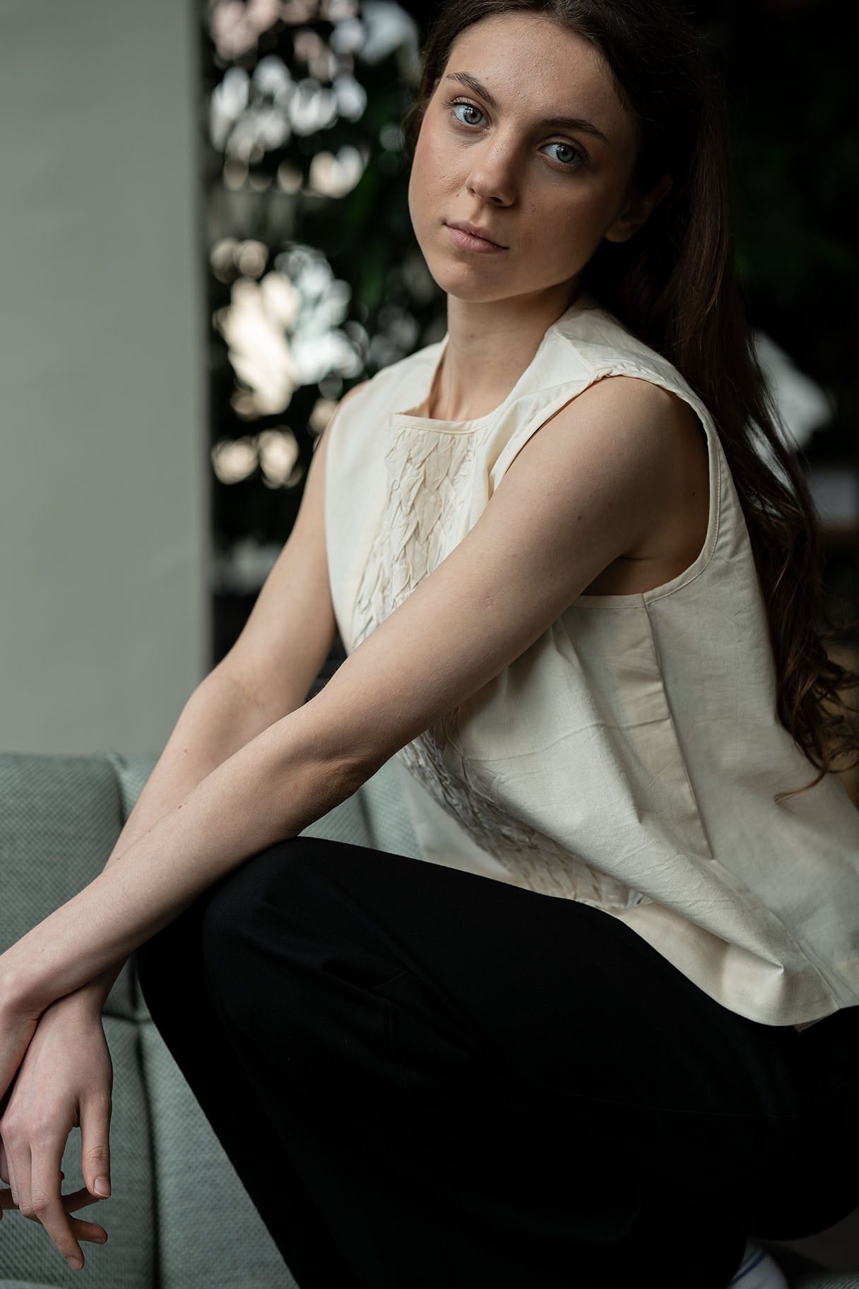 Hand-Stitched Cotton Panel Statement Sleeveless Top in off white