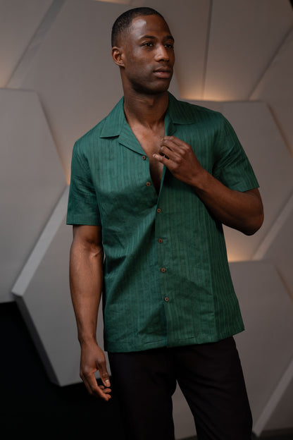 Handwoven Hemp Camp Collar Shirt in Forest Green