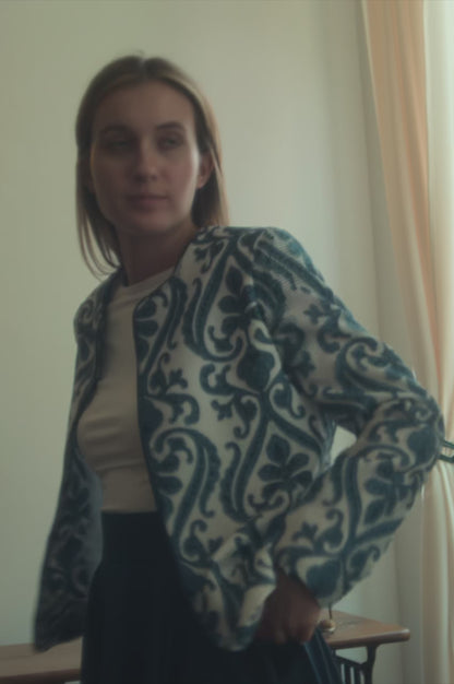 Sheer Ivory Jacket – Indigo Embroidery in Lightweight Layers