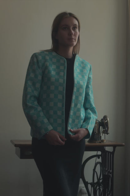 Blue Check Cotton Jacket with Gold Zari Embroidery