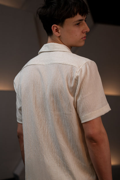 Camp Collar Half Sleeve Crushed Cotton Shirt in Off White