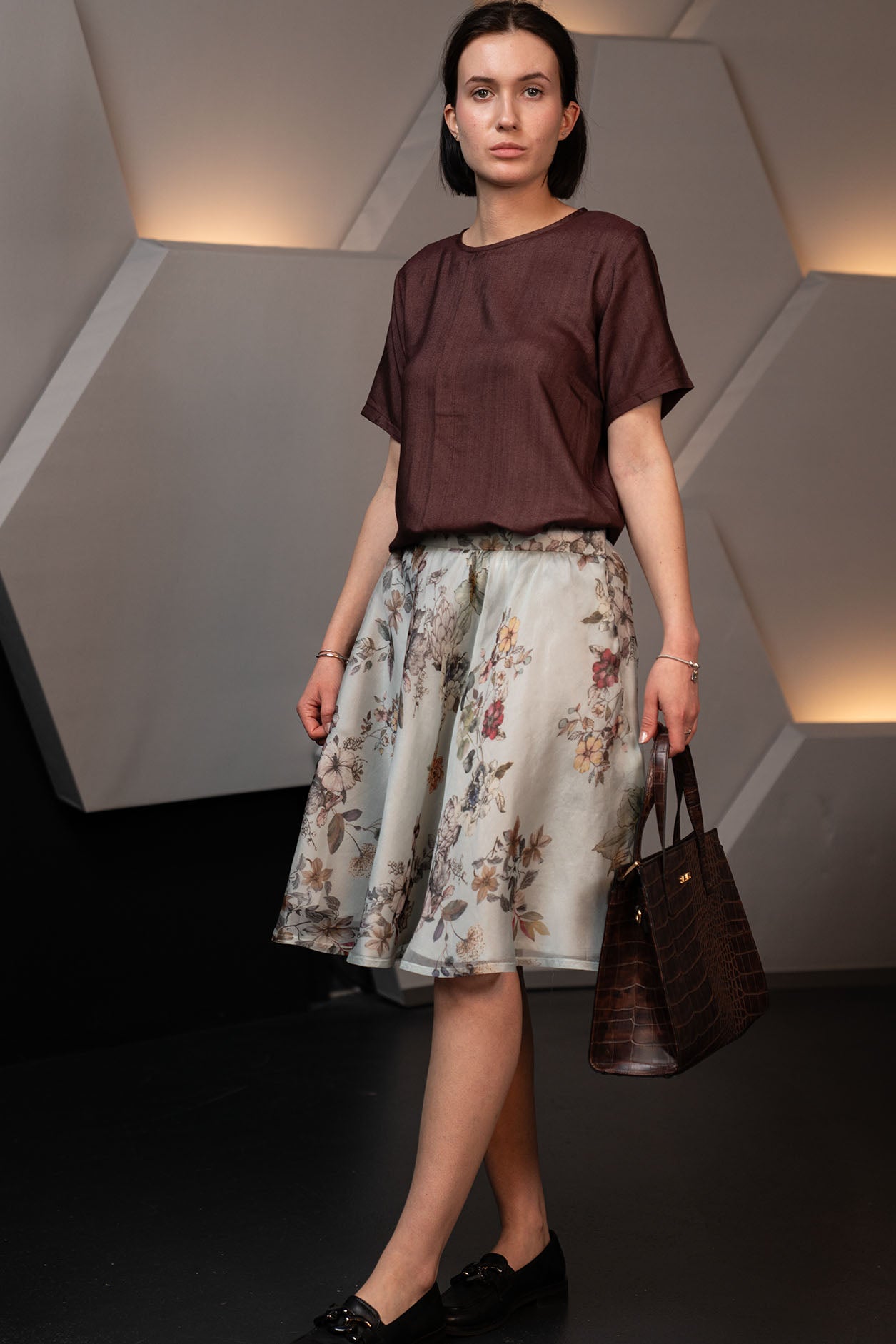 Dusk Blue Organza Silk Knee Length Skirt